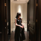 French black V-neck sleeveless dress summer retro Hepburn style waist slimming little black dress R4256