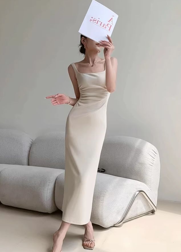 Square neck camisole dress 2025 temperament waist hip slit high-end long skirt R1452