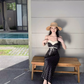 Temperament lace polka dot one-shoulder tube top dress with slim waist and hip-hugging long skirt R0581