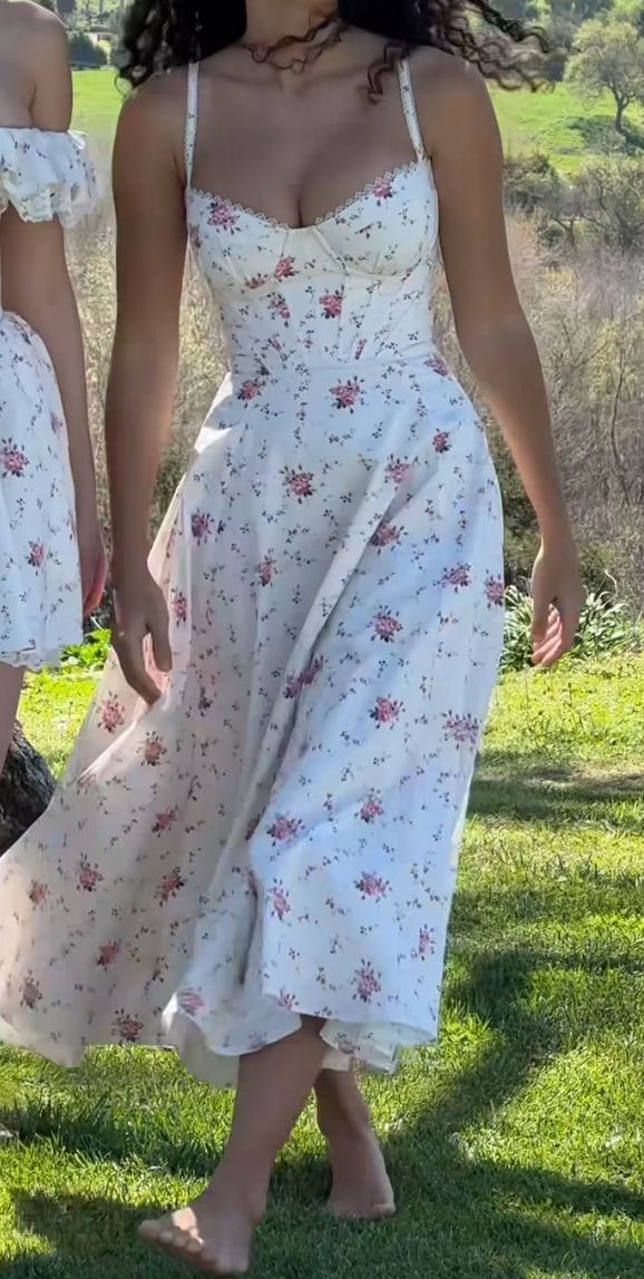 Pink and white suspenders floral low-cut sexy long slim dress homecoming dress R2497