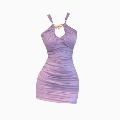 Pure desire style metal buckle halter neck dress 2025 pleated waist hip skirt R1191
