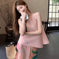 Fashion suit irregular pleats loose cover flesh thin sleeveless vest pleated printed skirt two-piece suit R1729