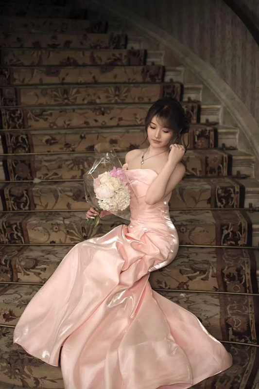 Light pink strapless fitted long ball gown R8666