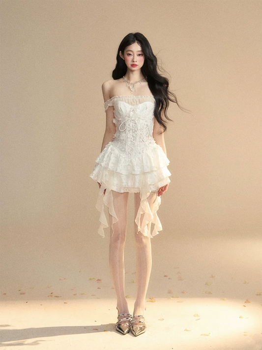 White one-shoulder slim waist cake skirt homecoming dress R5244