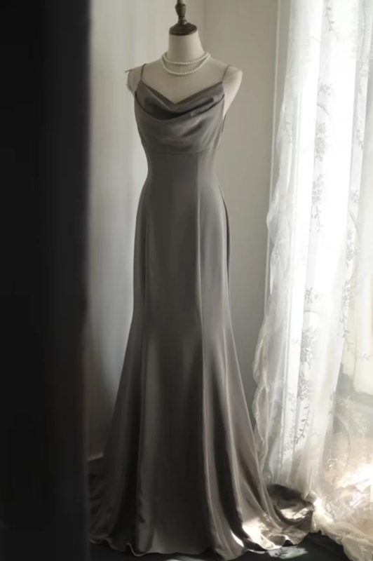Grey halter-neck, fitted waist, backless, sexy long ball gown R6832