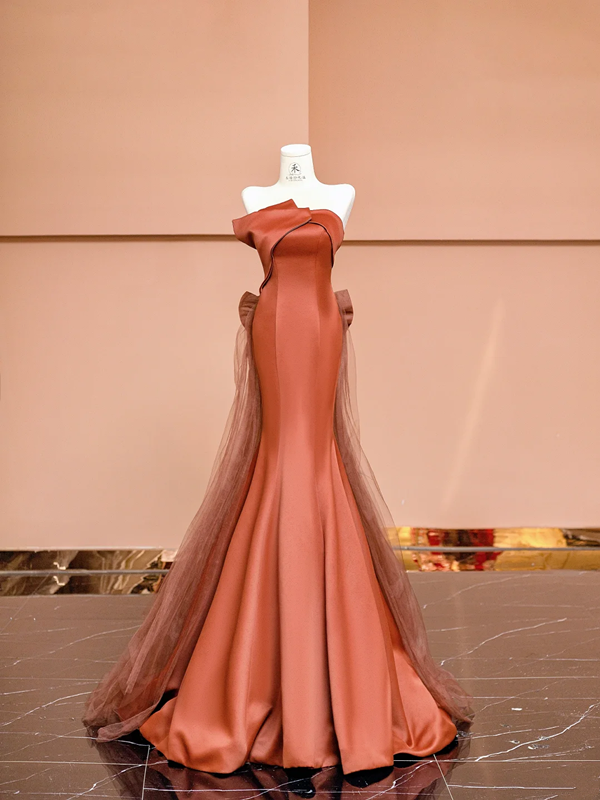 Orange strapless, fitted, bodycon, sexy long ball gown R8419