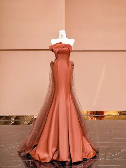 Orange strapless, fitted, bodycon, sexy long ball gown R8419