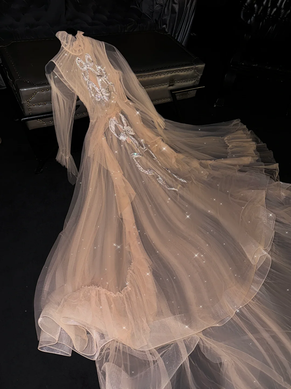 Light apricot long-sleeved fitted and sexy long ball gown/bridal dress R8760