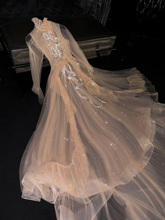 Light apricot long-sleeved fitted and sexy long ball gown/bridal dress R8760