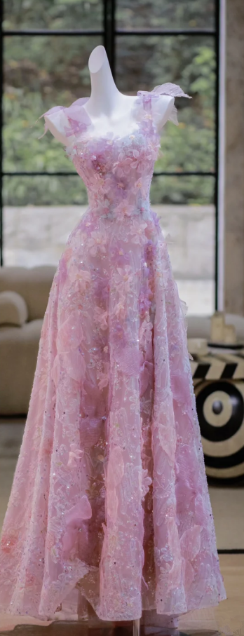 Pink Strapless Sequined Waist Slim Fit A-Line Maxi Bridal Dress R5797