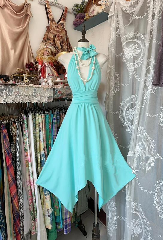 Lake blue halter neck, fitted waist, asymmetrical hem short skirt, ball gown R6274