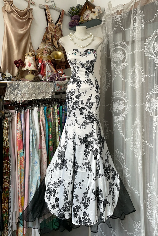 White tube top printed slim waist fishtail maxi ball gown R6154