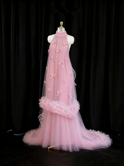 Light pink halter neck straight skirt long ball gown, bridal dress R8940
