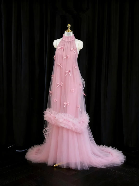 Light pink halter neck straight skirt long ball gown, bridal dress R8940
