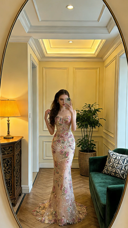 Pink retro floral strapless fitted waist bodycon long ball gown, bridal dress R8576