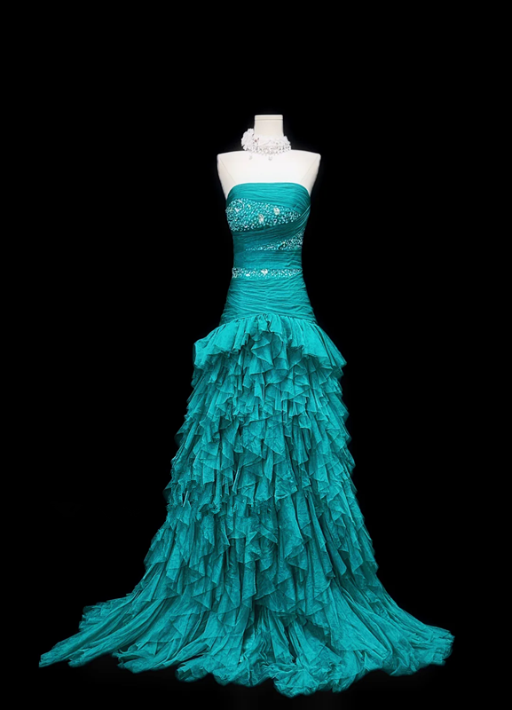 Green strapless fitted waist long ball gown with pleats R8697