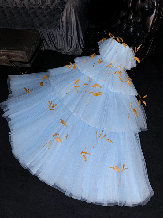 Light blue long ball gown with tulle skirt, perfect for a wedding R8730