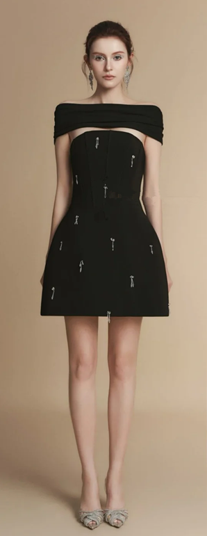 Black tube top beaded design waist slim A-line short skirt homecoming dress R4859