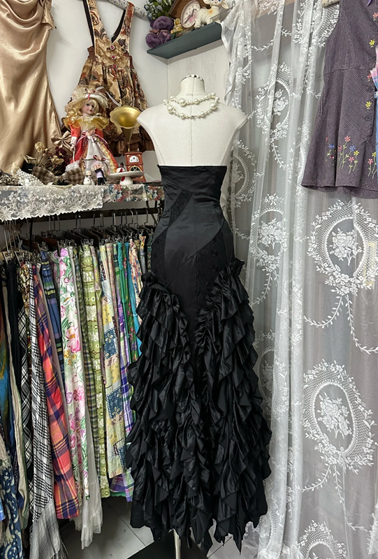 Black strapless, fitted satin tiered maxi dress, ball gown R6314