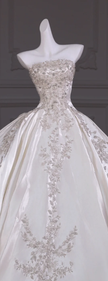 White tube top diamond embroidery waist slim fit puffy skirt long dress bridal dress R5761