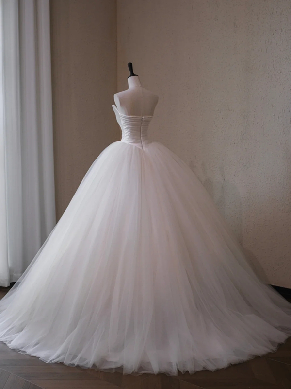 White Strapless Satin Pleated Waist Slim Fit Puffy Skirt Long Dress Bridal Gown R5720