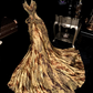 Gold satin halter neck fitted waist sexy long ball gown R6953