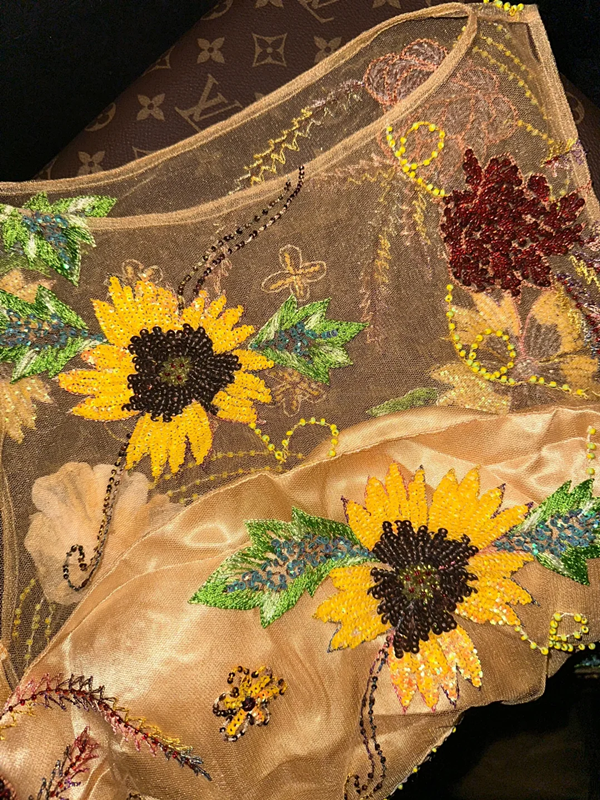 Gold sleeveless fitted sunflower floral long ball gown R6913