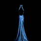 Blue halter-neck, fitted waist, slimming silhouette, revealing hips, sexy long ball gown R6674