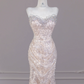 Light apricot strapless fitted sequined long ball gown R8274