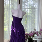 Purple strapless, fitted waist, tiered skirt, mid-length ball gown R7629