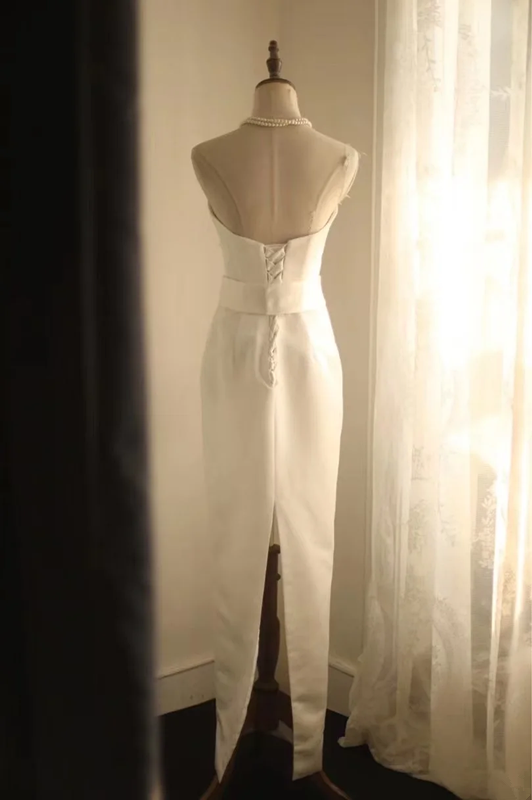 White strapless fitted long ball gown, elegant and classic style R6793