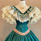 Green V-neck floor-length ball gown with a cinched waist, classic style and tiered cake skirt; bridal gown R7306