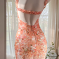 Orange-pink halter-neck, fitted waist, backless, sexy bodycon short ball gown R7668