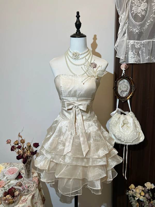 Champagne Colored Strapless Waisted A-Line Satin Layered Skirt Homecoming Dress R4250