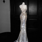 Spliced color one-shoulder sexy sequined waist slim long skirt, prom dress R5679