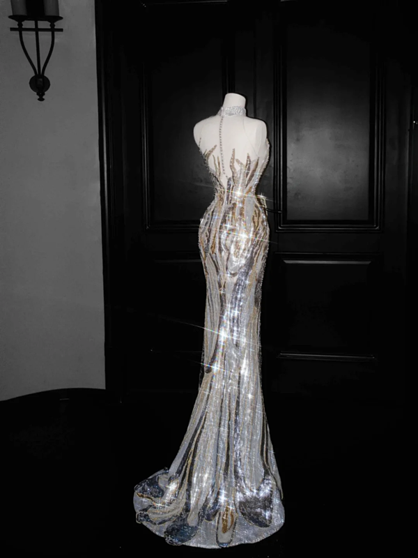 Spliced color one-shoulder sexy sequined waist slim long skirt, prom dress R5679