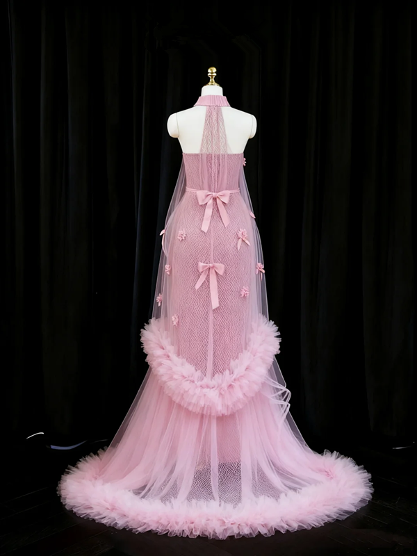 Light pink halter neck straight skirt long ball gown, bridal dress R8940