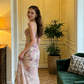 Pink retro floral strapless fitted waist bodycon long ball gown, bridal dress R8576