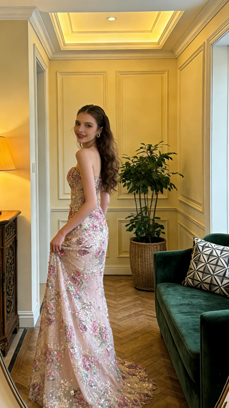 Pink retro floral strapless fitted waist bodycon long ball gown, bridal dress R8576