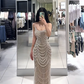 Light champagne-colored strapless, fitted, bodycon, sexy long ball gown R7900