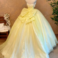 Light Yellow Spaghetti-Strap Waist-Cinched Puffball Skirt Ball Gown, Bridal Gown R7359