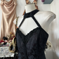 Black halter neck slim waist satin print sexy long ball gown R6195