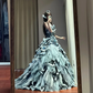 Gray-blue strapless, fitted waist, tiered, full skirt, long ball gown R8637