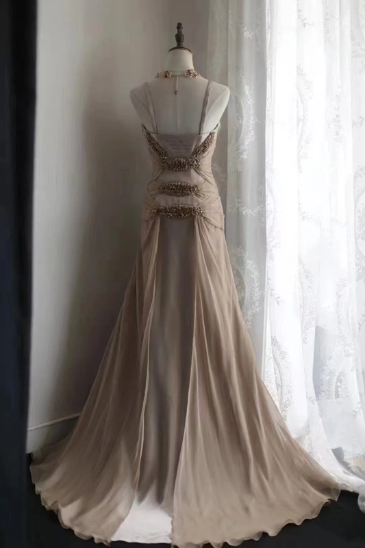 Champagne-colored halter-neck rhinestone-embellished fitted bodycon long ball gown R6714