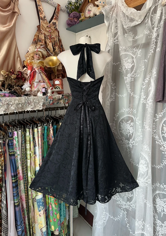 Black backless halter-neck A-line mini dress, ball gown R6353