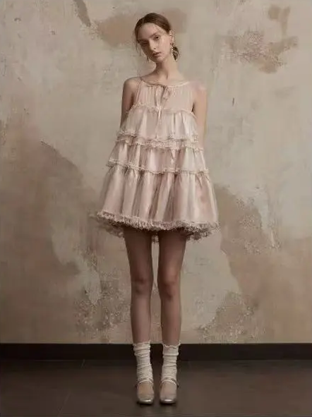 Nude pink sleeveless round neck gentle and cute ruffled skirt short skirt homecoming dress R4819