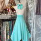 Lake blue halter neck, fitted waist, asymmetrical hem short skirt, ball gown R6274