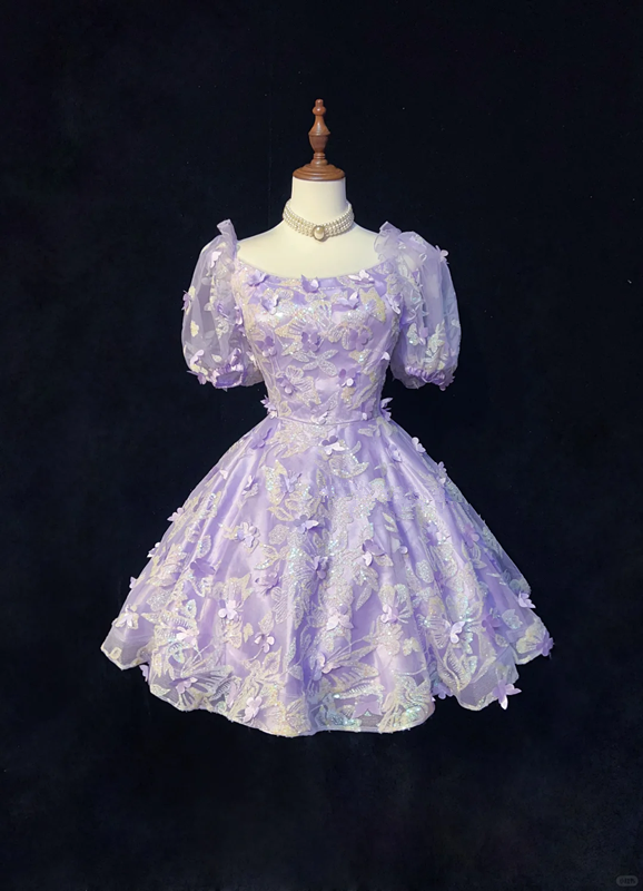Purple puff sleeves floral design waist slim fit princess skirt homecoming dress R4941