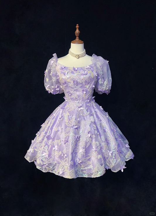 Purple puff sleeves floral design waist slim fit princess skirt homecoming dress R4941