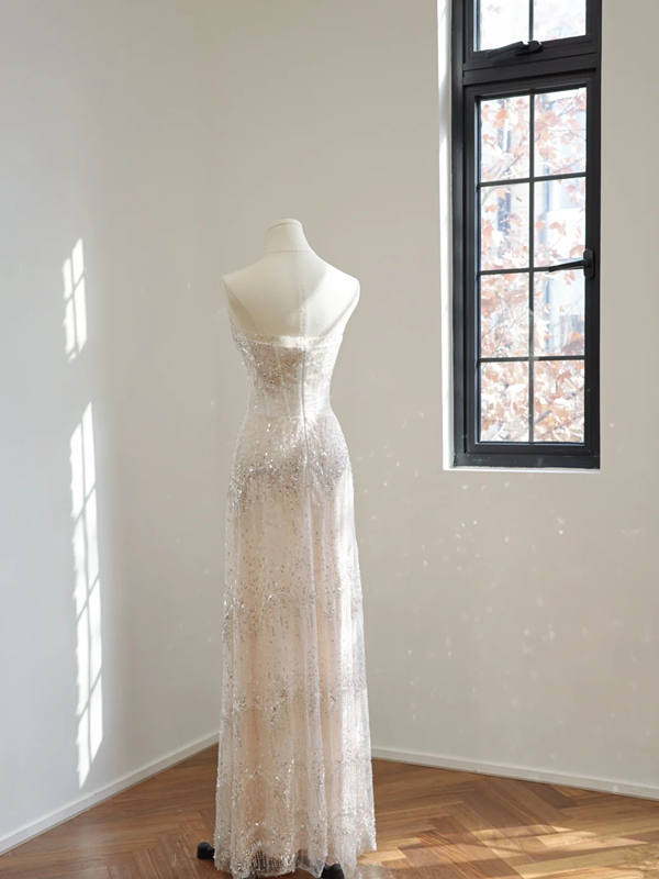 White strapless, fitted, sequined long ball gown/bridal dress R8485